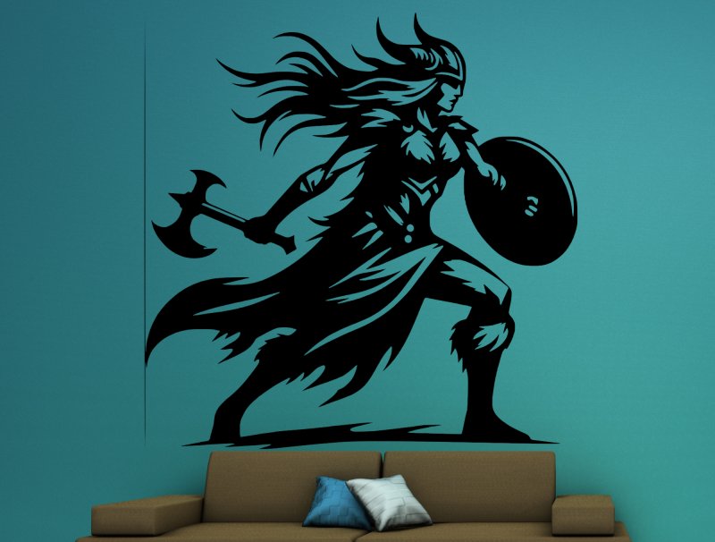 46381 Wikinger-Frau 2 Wandtattoo blaue Wand-braunes Sofa Mein-Motiv-de